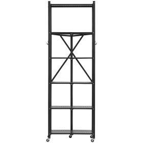 6-Tier Foldable Storage Shelf, 24W x 12D x 72H Inch Folding Metal Rack Shelving Unit, No Assembly Organizer Shelf with 5 Wheels & 4 Hooks for Pan