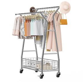 Clothes Rack, Rolling Clothing Garment Rack with 2 Hanging Rods and Storage Basket, 330 lbs Load Capacity