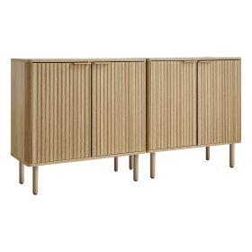 Coffee Bar Cabinet, Mid Century Fluted Coffee Bar Table with 2-Tier Storage, Buffet Stand Cabinet with 4 Barn Doors