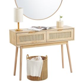 Rattan Console Table with 2 Storage Drawers, Rattan Entryway Table with Natural Rattan Sliding Door, Console Sofa Table for Living Room, Study