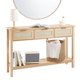 Rattan Console Table with 3 Storage Drawers, Rattan Entryway Table with Natural Rattan Sliding Door, Console Sofa Table for Living Room, Study