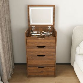 3-in-1 Vanity Desk with Lighted Mirror & Stool, Flip Top Makeup Dressing Table, Compact Storage for Bedroom, Bathroom, Dressing Room (Color: Walnut)
