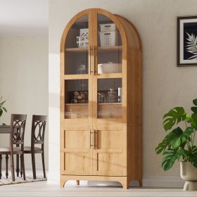 71" Tall Arched Kitchen Pantry Cabinet with Door Shelves, Farmhouse Kitchen Storage Cabinet with Open & Adjustable Shelves, Hidden Drawer & Glass (Color: Natural)